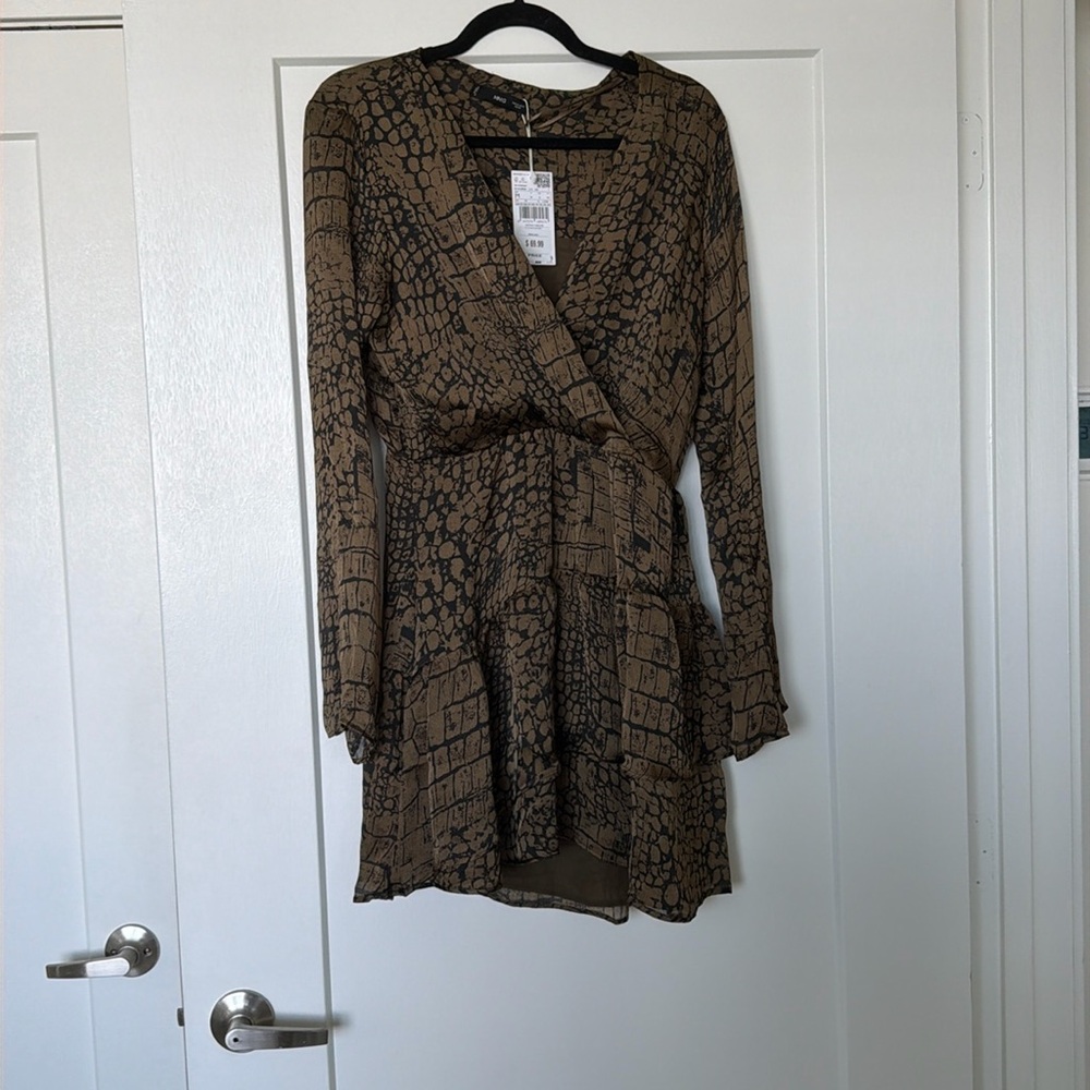 Mango Animal Print Ruffle Dress in brown.